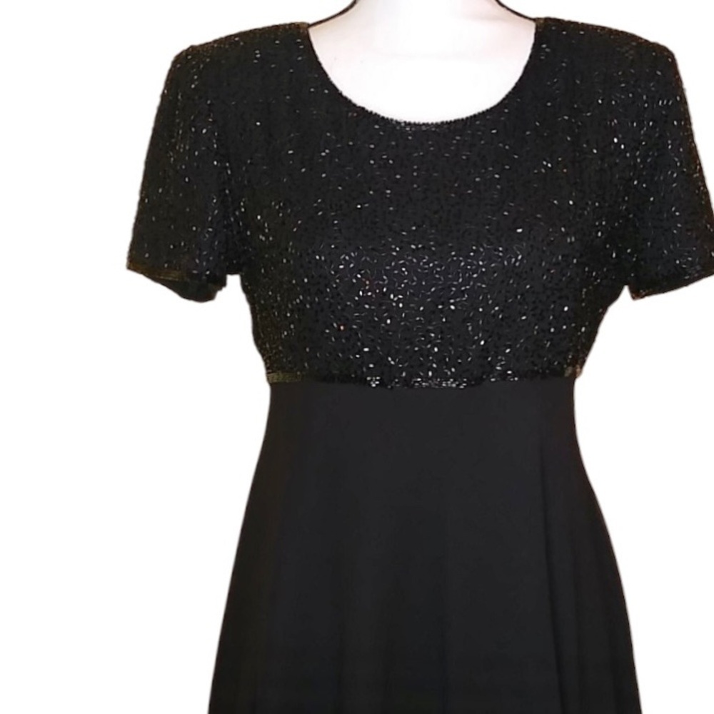 Laurence Kazar Vtg S 100% SilkBlack Beaded Bodice Cocktail Dress LBD Chiffon SS